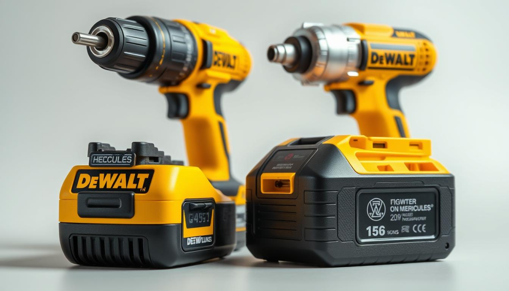 A highly detailed, technically accurate comparison of power tool batteries from DEWALT and Hercules, captured in a crisp, professional-grade product photography style. The batteries are prominently displayed on a clean, neutral background, with perfect lighting to highlight their features and specifications. The image conveys a sense of quality, precision, and technical sophistication, suitable for inclusion in an article comparing the capabilities of these two leading power tool brands.