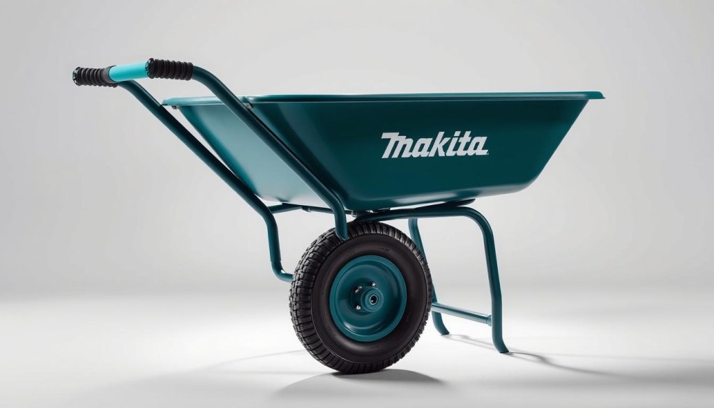 A highly detailed, visually striking image of a Makita wheelbarrow, showcasing its key features in a well-lit, clean studio setting. The wheelbarrow is positioned in the center, with a sharp focus on its sturdy construction, large pneumatic tires, and ergonomic handles. The background is a neutral gray or white, allowing the wheelbarrow to stand out prominently. The lighting is soft and even, creating shadows that accentuate the wheelbarrow's design elements. The camera angle is slightly elevated, providing a clear, unobstructed view of the wheelbarrow's overall form and features. The mood is one of quality, reliability, and attention to detail, reflecting the high standards associated with the Makita brand.