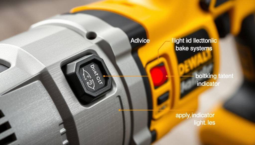 A highly detailed, well-lit, and close-up view of various safety features on a DEWALT 20V power tool. Prominently displayed in the foreground are the tool's robust metal body, a clearly marked safety switch, and a sturdy grip handle. In the middle ground, the image showcases the tool's advanced electronic brake system and a prominent battery indicator light. The background subtly highlights the sleek, modern design aesthetic of the DEWALT 20V line. The overall tone conveys a sense of dependability, durability, and confidence in the tool's safety capabilities.