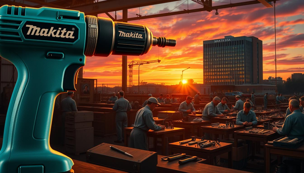 A historical scene of Makita USA's origins, showcasing its journey from a small Japanese power tool manufacturer to a global leader in high-performance power tools. In the foreground, a detailed rendering of a vintage Makita drill, its iconic turquoise color gleaming under warm, directional lighting. In the middle ground, a bustling workshop filled with skilled technicians assembling Makita tools, their faces focused and determined. In the background, the silhouette of the iconic Makita USA headquarters building, set against a vibrant, sunset-hued sky, symbolizing the company's rise to prominence. The overall tone is one of craftsmanship, innovation, and the proud legacy of Makita's presence in the United States.