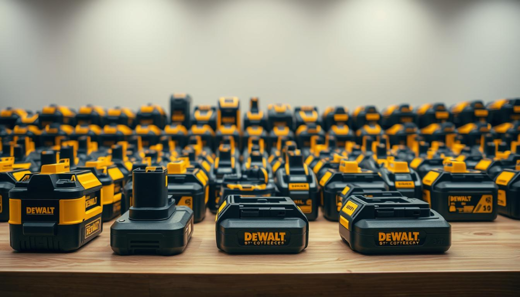 A large display of various DEWALT battery packs, neatly arranged on a wooden table under soft, diffused lighting. The batteries are shown from multiple angles, highlighting their distinctive yellow and black designs. The foreground features close-up shots of the battery terminals, while the middle ground showcases the different voltage and capacity options. The background blends seamlessly, creating a clean and professional-looking product presentation. The overall scene conveys a sense of quality, reliability, and the wide range of DEWALT battery choices available for local purchase.