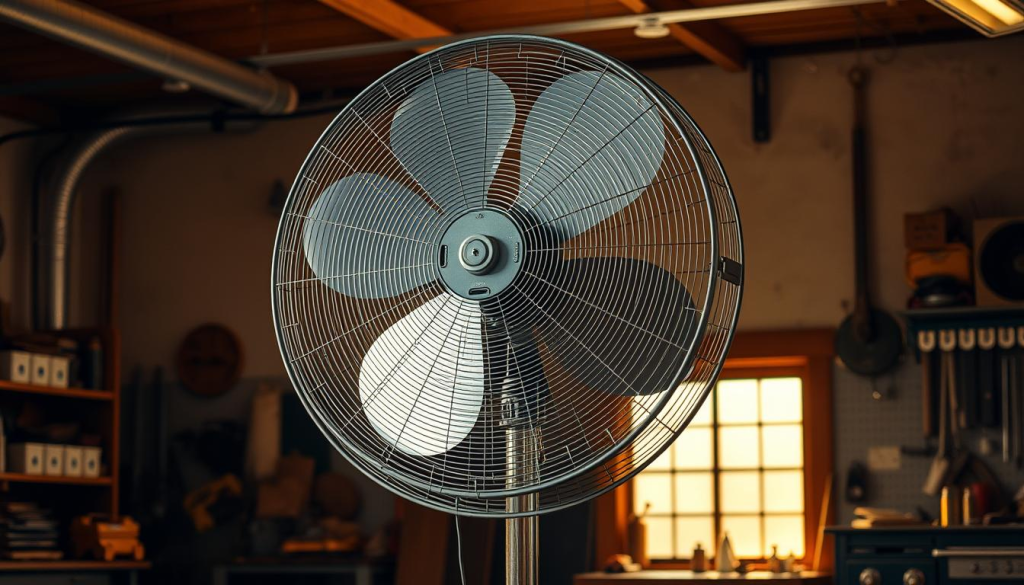 A large, industrial-grade shop fan standing prominently in a well-lit workspace. The fan features robust metal blades and a sturdy metal frame, with a powerful motor that generates a strong airflow. Warm, diffused lighting casts a soft glow, highlighting the fan's utilitarian design and the surrounding workspace, which is filled with tools and equipment. The fan is positioned to provide optimal air circulation, cooling the hard-working environment. The scene conveys a sense of functionality, efficiency, and the importance of maintaining a comfortable, productive workspace.
