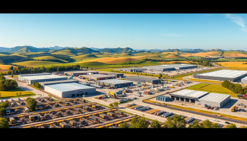A large, modern DEWALT power tools factory nestled in a lush, green landscape. The foreground features rows of state-of-the-art manufacturing equipment and assembly lines, with workers in safety gear diligently crafting high-quality power tools. The middle ground showcases the factory's expansive, well-organized layout, with warehouses and loading bays bustling with activity. In the background, rolling hills and a clear blue sky create a serene, picturesque setting, highlighting the factory's integration with the local environment. Warm, diffused lighting casts a soft glow over the scene, conveying a sense of pride and productivity. The overall composition emphasizes DEWALT's commitment to supporting local economies through advanced manufacturing and job creation.