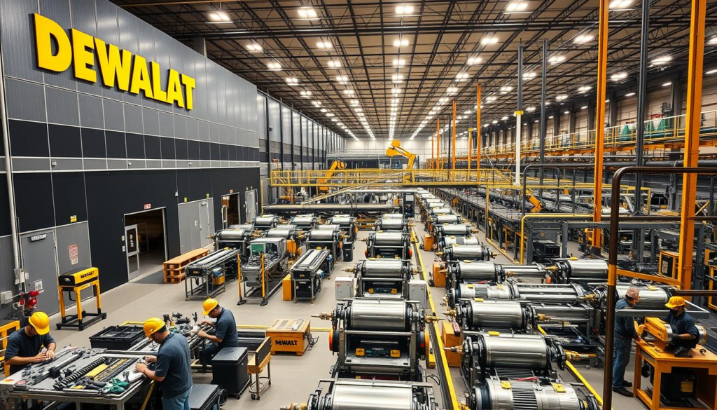 A large, modern factory building with the DEWALT logo prominently displayed on the facade. The foreground shows the assembly line, with workers in hard hats and safety gear meticulously assembling power tools. The middle ground reveals rows of shiny, state-of-the-art machinery processing raw materials and components. In the background, a network of conveyor belts and robotic arms efficiently move products through the various stages of the manufacturing process. The lighting is bright and industrial, casting a warm glow over the scene. The overall atmosphere conveys a sense of precision, efficiency, and the pride of craftsmanship that goes into the making of DEWALT power tools.