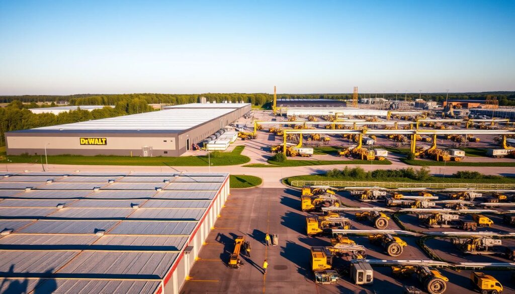 A large, modern industrial manufacturing facility with the DeWalt logo prominently displayed on the exterior. Rows of warehouses and production buildings in the foreground, surrounded by lush greenery and blue skies. In the middle ground, workers in safety gear can be seen moving equipment and materials. The background features multiple production lines churning out DeWalt power tools, with the sound of machinery echoing throughout. The lighting is bright and natural, casting long shadows across the scene. The overall atmosphere conveys a sense of efficiency, productivity, and American manufacturing pride.
