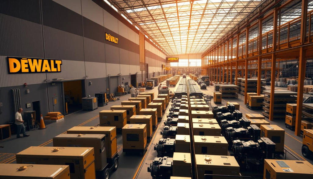 A large, modern manufacturing facility for DEWALT generators, bathed in warm, natural lighting. The exterior features a sleek, industrial design with prominent DEWALT branding. In the foreground, workers assemble generators on the production line, their movements precise and efficient. The middle ground showcases rows of partially completed units, while the background reveals a bustling warehouse filled with finished products ready for distribution. The atmosphere conveys a sense of high-quality craftsmanship, technological innovation, and a deep commitment to the DEWALT brand.