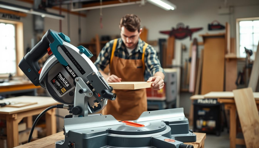 A large, well-lit workshop setting with a Makita miter saw prominently featured in the foreground. The saw is positioned on a sturdy workbench, its shiny metal components and laser guide lines reflecting the bright lighting. In the middle ground, a skilled woodworker in a safety apron and goggles is carefully measuring and aligning a piece of wood on the saw's sliding miter table. The background depicts various workshop tools and materials, creating a sense of a professional, safety-conscious workspace. The overall mood is one of precision, care, and attention to detail in the use of the Makita miter saw.