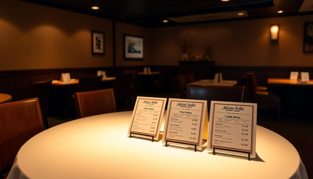 A large wooden table, its surface adorned with a crisp white tablecloth, stands prominently in the center of a cozy, well-lit dining room. Atop the table, a series of carefully designed menu cards display the pricing structure of the Mikata Buffet, each item listed with a clear and inviting price. The lighting, a warm and ambient glow, casts a gentle shadow across the tabletop, highlighting the attention to detail and the overall ambiance of the establishment. In the background, the walls are adorned with subtle Japanese-inspired decor, creating a harmonious and authentic atmosphere that complements the dining experience.