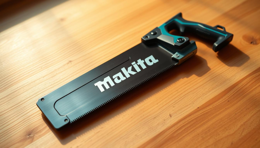 A lightweight Makita hand saw with a sleek, ergonomic design rests on a smooth, wooden surface. The saw's sharp, precision-ground teeth gleam under the warm, directional lighting, casting subtle shadows that accentuate its robust construction. The background is softly blurred, allowing the tool to take center stage, showcasing its exceptional craftsmanship and the power it offers for effortless, clean cuts in DIY projects. The image conveys a sense of quality, reliability, and the versatility of the Makita hand saw, perfectly complementing the "Benefits of Using a Makita Hand Saw" section of the article.