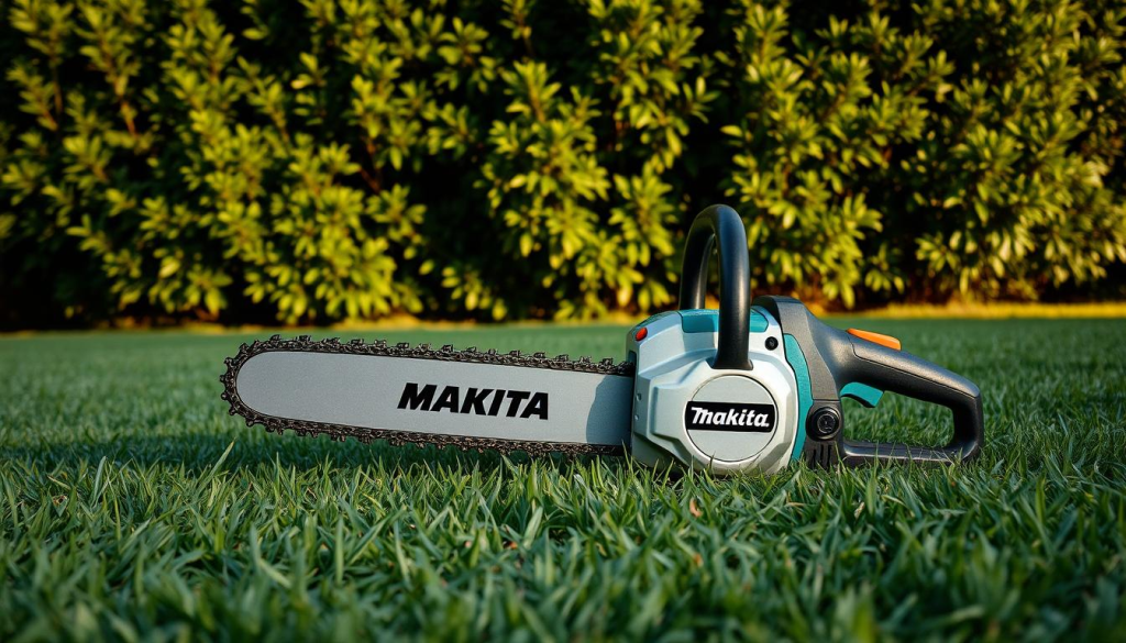 A lightweight, compact chainsaw rests on a well-manicured lawn, its sleek silver body gleaming in the warm, diffused sunlight. The ergonomic handle and compact design evoke a sense of power and maneuverability, perfect for tackling small to medium-sized branches and trees. In the background, a lush, verdant foliage serves as a natural backdrop, adding to the serene, backyard setting. The image conveys the ease of use and portability of the Makita Mini Chainsaw, capturing its suitability for homeowners and DIY enthusiasts tending to their yards.
