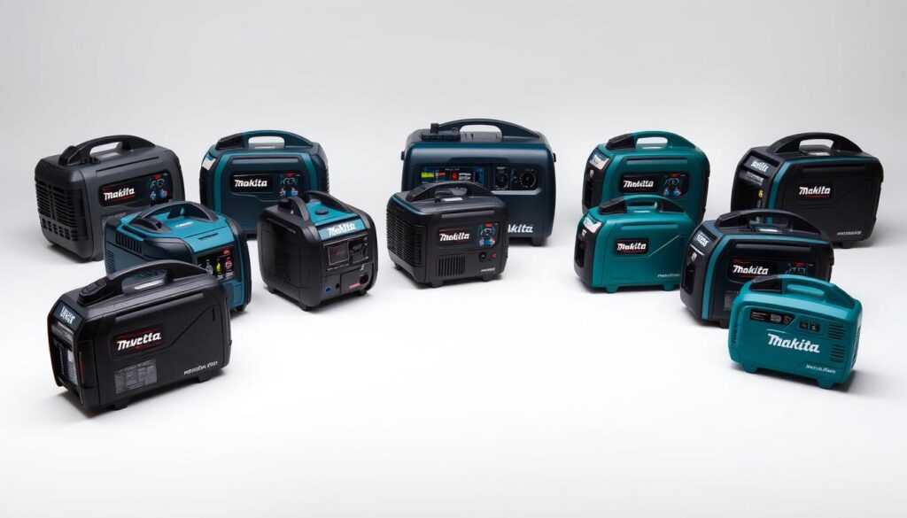 A lineup of Makita's latest inverter generator models, showcased against a clean, well-lit studio backdrop. The generators are presented in a symmetrical, visually appealing arrangement, allowing for a clear and detailed examination of their distinctive designs and features. The lighting is soft and even, accentuating the sleek, modern aesthetics of the products. The camera angle is slightly elevated, providing a comprehensive, three-quarter view of the generators, highlighting their compact, portable forms and premium finishes. The overall mood is one of professionalism and technical expertise, inviting the viewer to explore the versatility and capabilities of these Makita inverter generator models.