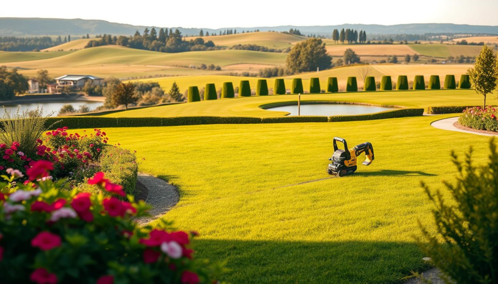 A lush, verdant landscape with a focus on various landscaping applications. In the foreground, a well-manicured garden with vibrant flowers and neatly trimmed hedges. In the middle ground, a sprawling lawn with a DEWALT Zip Saw cutting through freshly grown grass. In the background, a picturesque scene of rolling hills, a serene pond, and a neatly pruned tree line. The lighting is natural, casting a warm, golden glow over the entire scene. The camera angle is slightly elevated, providing a panoramic view of the well-designed outdoor space. The overall mood is one of tranquility, showcasing the versatility and effectiveness of the DEWALT Zip Saw in tackling a wide range of landscaping projects.
