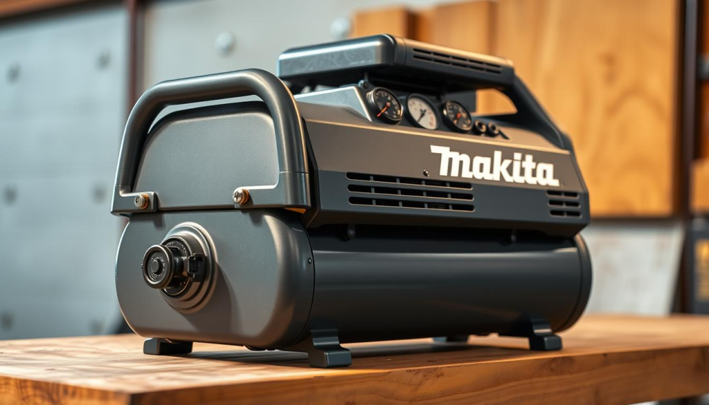 A metallic gray Makita MAC2400 air compressor, highlighted with warm lighting, resting on a sturdy wooden workbench. The compressor's sleek exterior showcases its robust build, with intricate details of its dials, gauges, and air intake vents visible. The background is slightly blurred, emphasizing the compressor's solid, industrial presence. The lighting casts subtle shadows, accentuating the compressor's depth and texture, conveying a sense of power and reliability. The overall scene radiates a professional, workshop-like atmosphere, reflecting the Makita MAC2400's superior durability and suitability for demanding industrial applications.