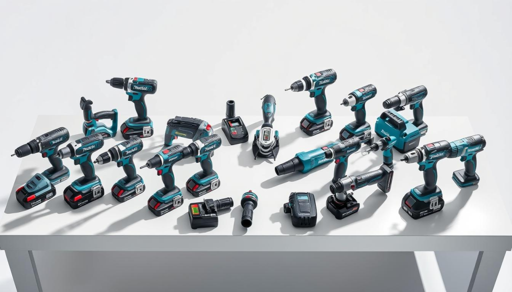 A meticulously arranged display of Makita power tools, showcasing a diverse range of cordless drills, angle grinders, and rotary hammers. The tools are positioned with precision on a sleek, minimalist table, casting dynamic shadows that convey a sense of depth and three-dimensionality. The lighting is crisp and directional, accentuating the tools' distinct features and vibrant colors. The background is a clean, neutral tone, allowing the tools to take center stage and inviting the viewer to closely examine and compare the different models. The overall composition exudes a professional, informative atmosphere, perfectly suited to illustrate a section on comparing Makita tools with other brands.