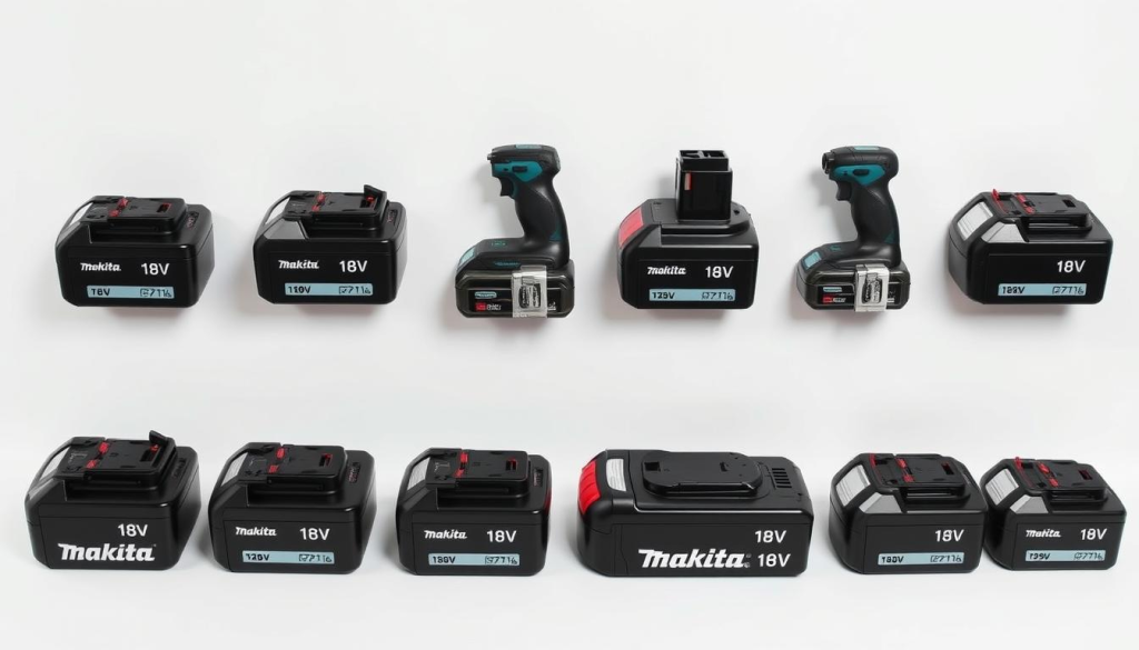 A meticulously arranged lineup of various Makita 18V battery types, each showcased against a clean, white background. The batteries are presented with precision, their sleek designs and distinct model numbers clearly visible. Soft, directional lighting accentuates the textures and curves of the batteries, creating a sense of depth and highlighting their high-quality construction. The overall composition is balanced and visually appealing, allowing the viewer to fully appreciate the diverse range of Makita 18V power solutions.