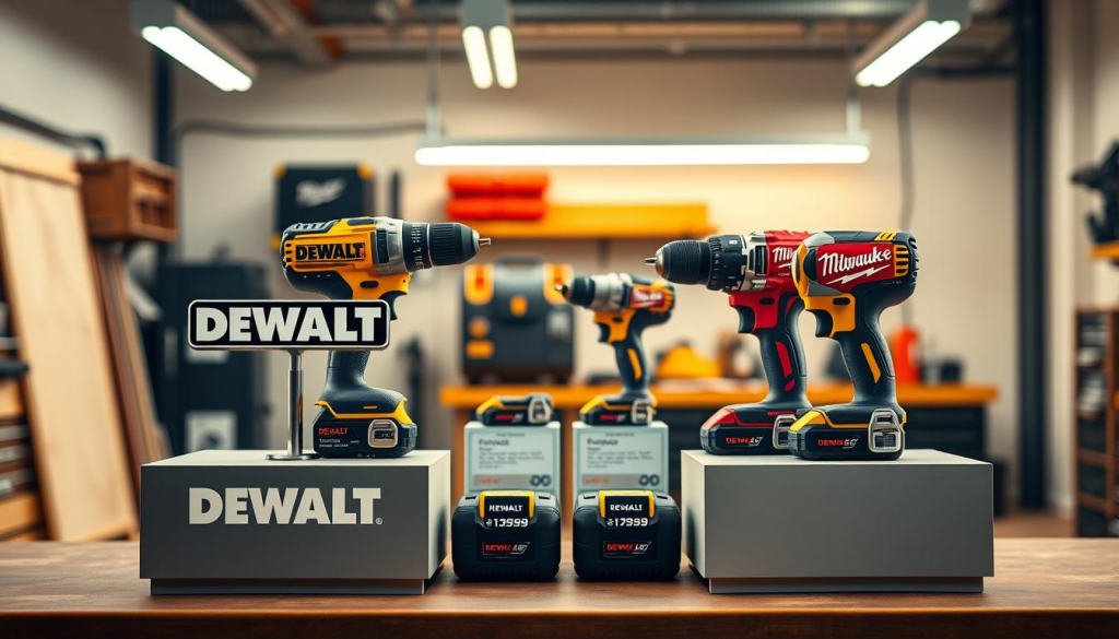 A meticulously arranged product display showcasing the pricing comparison between DEWALT and Milwaukee power tools. The foreground features the two brand logos prominently displayed on sleek, minimalist podiums. In the middle ground, a side-by-side comparison of their flagship cordless drill models, with clearly labeled price tags. The background depicts a clean, modern workshop setting with warm, directional lighting illuminating the scene. The overall composition conveys a sense of thoughtful, professional analysis, inviting the viewer to closely examine the pricing differences between these industry-leading brands.