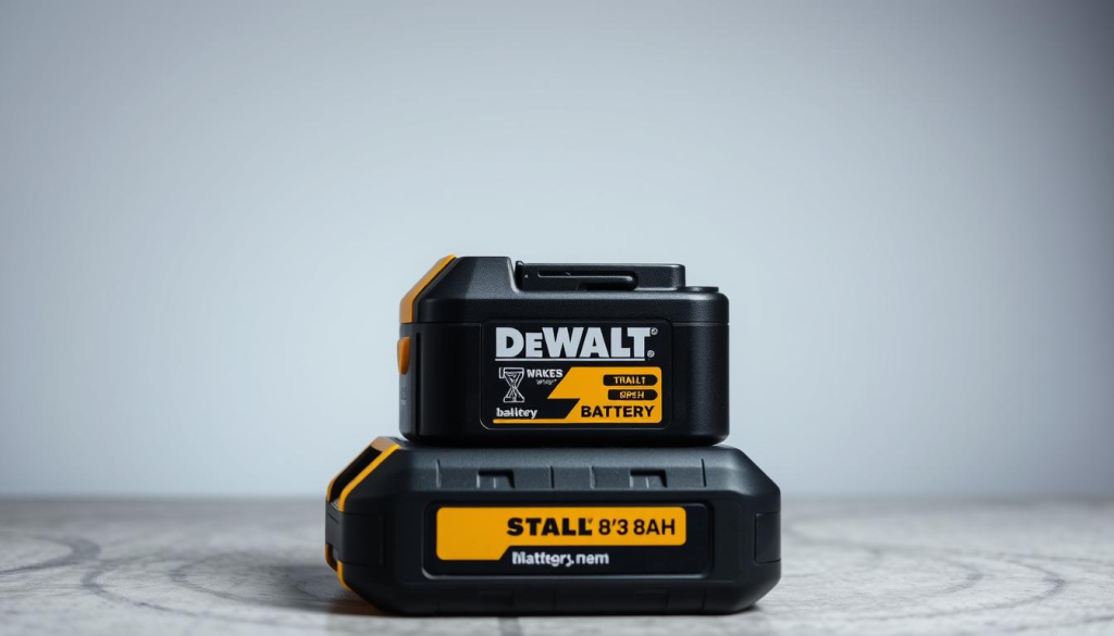 A meticulously arranged still life showcasing the DeWalt 8Ah battery against a clean, minimalist backdrop. The battery is centrally positioned, its sleek black casing and yellow accents highlighted by soft, directional lighting from the side. The foreground is sharply in focus, while the background fades into a subtly textured surface, allowing the product to stand out. The overall mood is professional, informative, and visually appealing, conveying the high-quality and reliability of the DeWalt 8Ah battery.