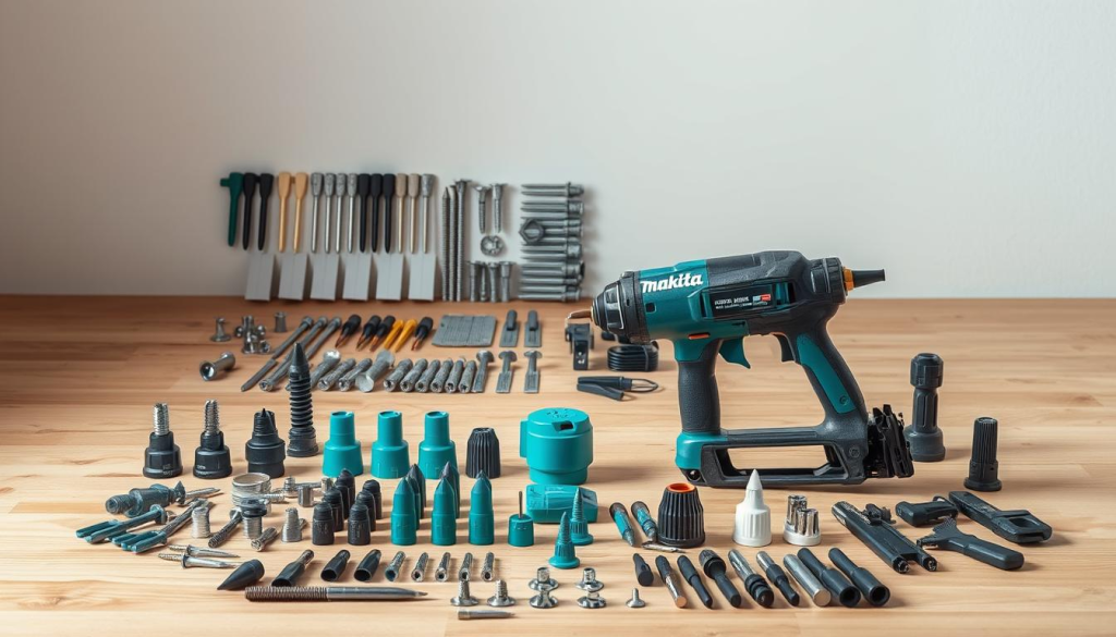 A meticulously arranged still life showcasing the accessories and attachments for a Makita drywall screw gun. In the foreground, the screw gun sits atop a wooden surface, surrounded by a variety of specialized bits, tips, and adapters in an organized display. In the middle ground, a selection of drywall screws, anchors, and other fasteners are neatly arranged, hinting at the versatility of the tool. The background features a clean, minimalist environment with soft, directional lighting illuminating the scene, emphasizing the precision and attention to detail of the Makita drywall screw gun system.