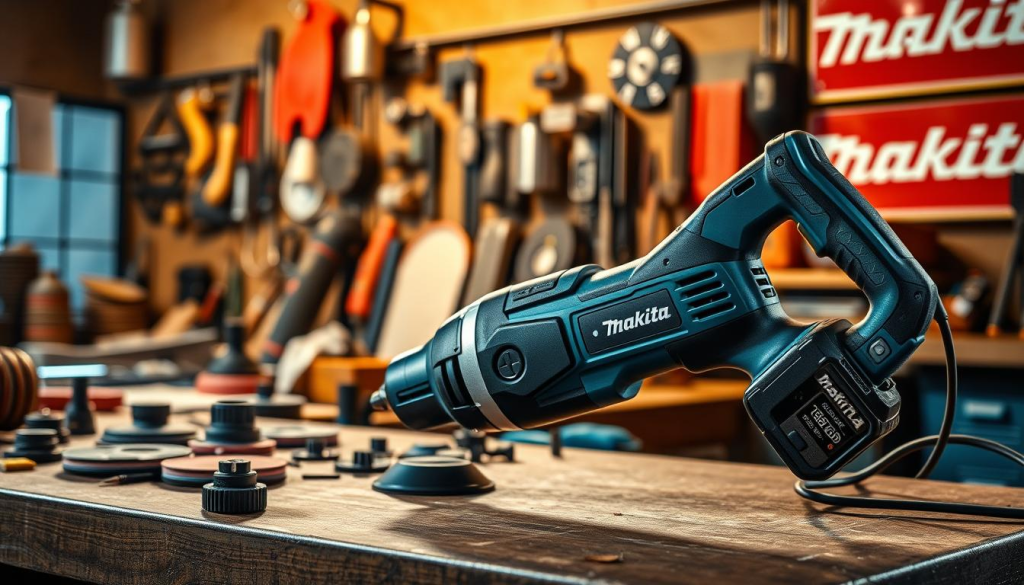 A meticulously crafted 18V cordless multi-tool, the centerpiece of a well-lit, industrial-style workspace. Prominent in the foreground, its robust body and ergonomic grip suggest power and precision. In the middle ground, an array of attachments - sanding pads, blades, and accessories - conveying the tool's versatility. The background features a cluttered workbench with tools, materials, and a partly visible Makita logo, establishing context. Warm, directional lighting casts shadows that accentuate the multi-tool's form and textures, creating a sense of depth and drama. The overall mood is one of capable professionalism, highlighting the Makita 18V multi-tool as a reliable, multifunctional power tool for diverse workshop tasks.