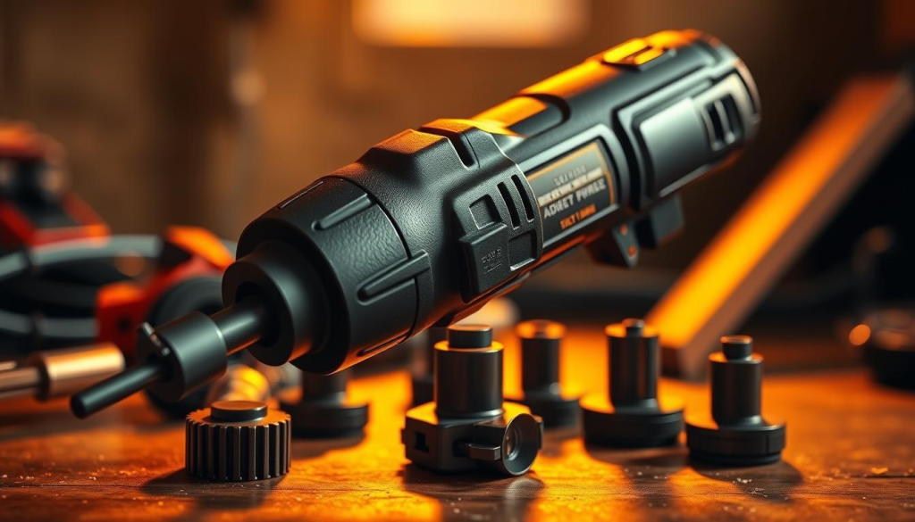 A meticulously crafted 18V multi-function power tool, its safety features prominently displayed. The tool's sleek ergonomic design is illuminated by warm, directional lighting, casting subtle shadows that highlight its robust construction. In the foreground, the tool's safety lock and trigger are clearly visible, inviting the viewer to imagine its secure and controlled operation. The middle ground showcases the tool's versatile attachments, each with their own safety mechanisms, while the background subtly suggests the various applications this versatile tool is capable of handling, all while maintaining a sense of precision and professionalism.