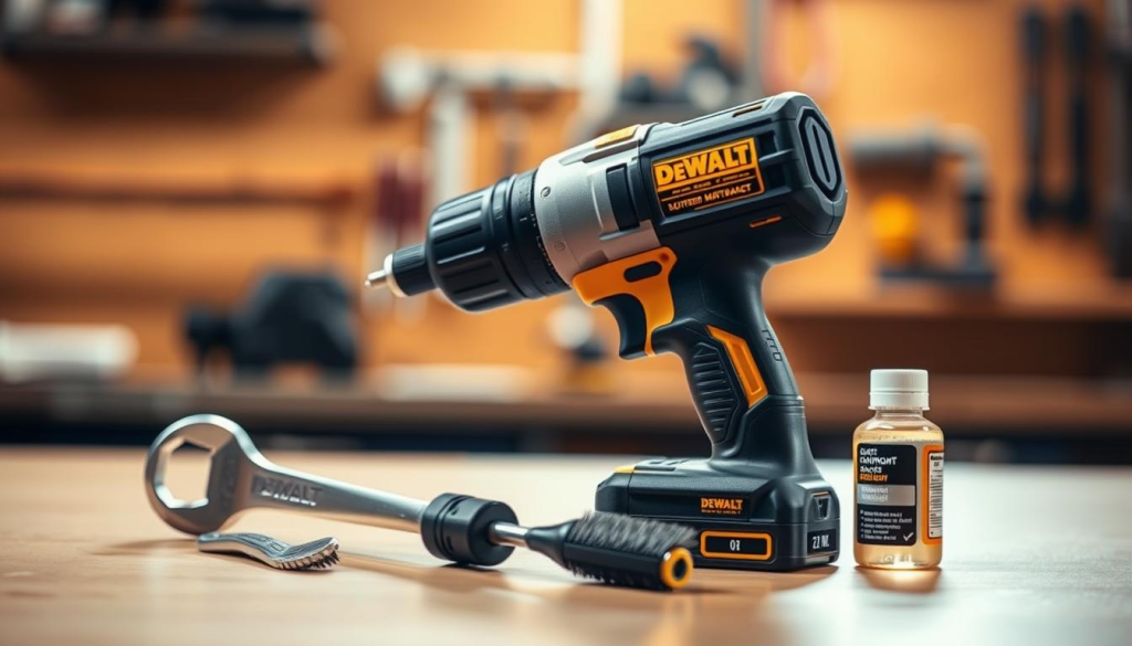 A meticulously crafted DEWALT Quiet Impact Driver resting on a clean workbench, illuminated by warm, directional lighting. The driver's sleek, charcoal-gray body is complemented by strategically placed maintenance tools - a wrench, a brush, and a small bottle of lubricant - arranged in a visually appealing composition. The background fades into a soft, blurred focus, drawing the viewer's attention to the key maintenance elements. The overall scene conveys a sense of professionalism, attention to detail, and a commitment to keeping the power tool in optimal working condition for maximum longevity.