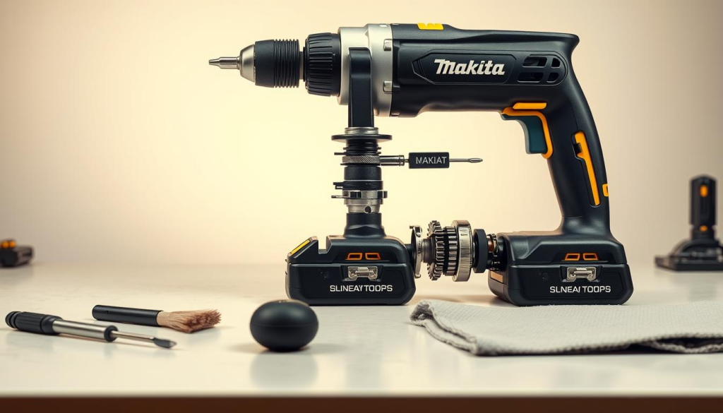 A meticulously crafted Makita 12V angle drill rests on a clean workbench, its sleek black casing and yellow accents gleaming under the soft, diffused lighting. In the foreground, various maintenance tools are neatly arranged, including a small screwdriver, a brush, and a soft cloth. The middle ground features an exploded view of the drill's internal components, showcasing its intricate mechanisms. The background is a minimalist, off-white studio setting, creating a sense of focus and attention to detail. The overall composition conveys a professional, technical atmosphere, inspiring confidence in the drill's long-lasting performance.