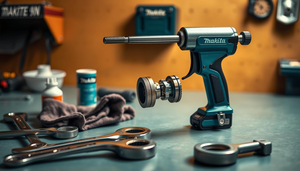 A meticulously crafted Makita grease gun sits prominently on a clean workbench, its sleek metallic body gleaming under the warm, directional lighting. In the foreground, a set of specialized tools - wrenches, rags, and a small container of lubricant - are neatly arranged, hinting at the intricate maintenance process. The middle ground showcases a partially disassembled grease gun, revealing its intricate inner workings in crisp detail, allowing the viewer to appreciate the engineering behind this reliable tool. The background is softly blurred, placing the focus squarely on the grease gun and the maintenance process. An atmosphere of precision and care pervades the scene, encouraging the viewer to approach their own Makita grease gun with the same level of diligence and attention.