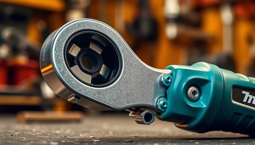 A meticulously crafted Makita ratchet, its intricate mechanisms captured in a high-resolution photograph. The foreground showcases the ratchet's sleek and ergonomic design, with a close-up view highlighting the precise teeth and smooth operation. The middle ground reveals the tool's robust construction, its durable metal housing and sturdy components. The background suggests a well-lit workshop setting, with warm lighting accentuating the ratchet's polished surfaces and emphasizing its professional-grade quality. The overall composition conveys the ratchet's reliable performance and attention to detail, aligning with the "Key Features of Makita Ratchets" section of the article.