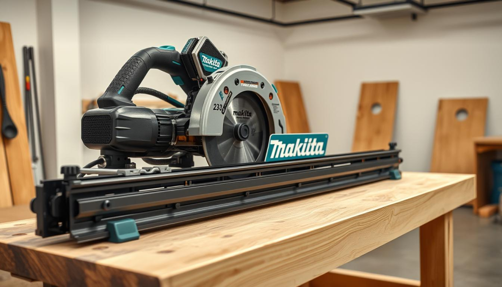 A meticulously crafted Makita track saw kit, resting on a sturdy wooden workbench against a backdrop of clean, well-lit workshop space. The saw's components are precisely aligned, their metallic surfaces gleaming under the warm, directional lighting. The track is positioned at a slight angle, showcasing its seamless integration with the saw blade. The overall scene conveys a sense of order, efficiency, and the expert handling of this specialized power tool. The composition is balanced, with the track saw kit occupying the focal point, surrounded by ample negative space to emphasize its importance.
