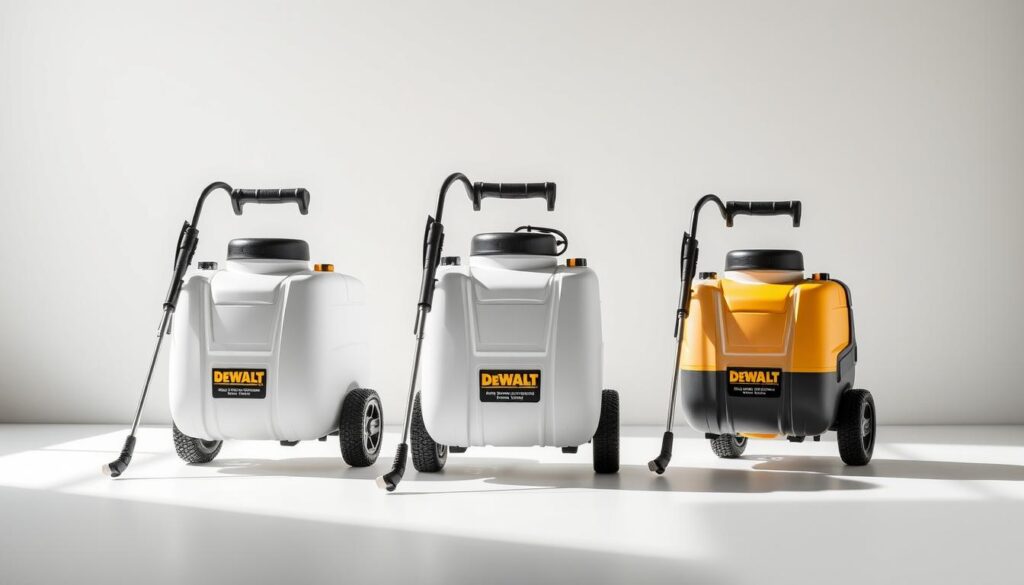 A meticulously crafted comparison of three DEWALT yard sprayers, showcased in a minimalist, product-focused composition. The sprayers are arranged in the foreground, bathed in soft, natural lighting that accentuates their sleek, industrial design. The middle ground features a simple, clean background, allowing the products to take center stage. Subtle shadows and reflections on the sprayers' surfaces lend a sense of depth and materiality. The overall tone is one of precision and professionalism, inviting the viewer to closely examine the distinct features and capabilities of each DEWALT yard sprayer model.