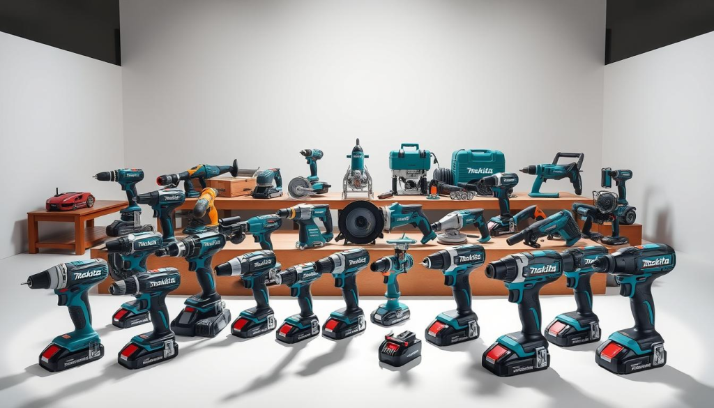 A meticulously crafted display of Makita's latest power tools, showcased in a well-lit studio setting with a clean, minimalist backdrop. The foreground features an array of their flagship cordless drills, impact drivers, and rotary hammers, each casting crisp shadows and highlighting their sleek, modern designs. The middle ground showcases a selection of specialized tools like angle grinders, reciprocating saws, and circular saws, while the background subtly hints at Makita's heritage with a touch of industrial machinery. The overall composition conveys a sense of precision, innovation, and the brand's commitment to delivering high-performance tools for the modern trades.