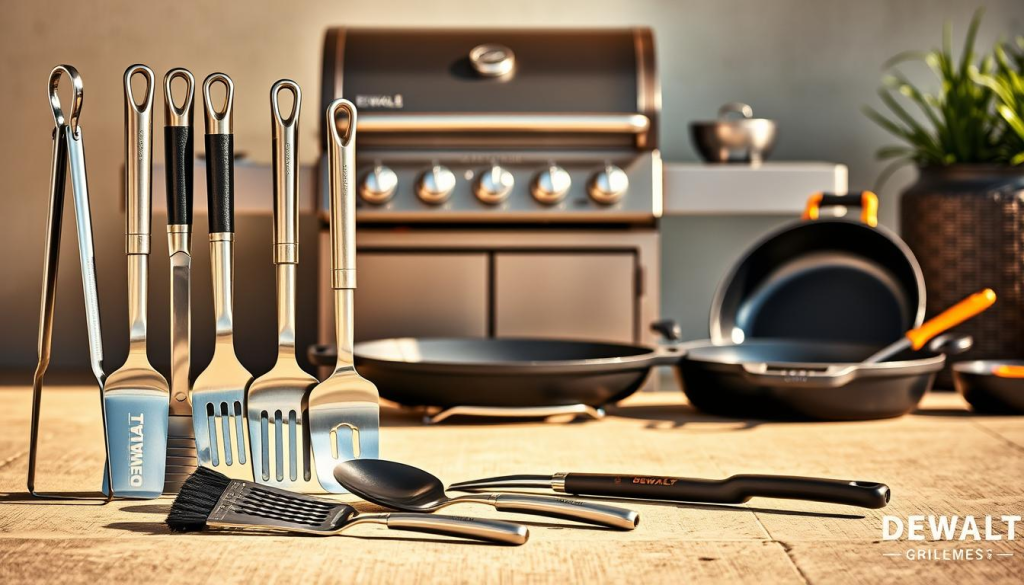 A meticulously crafted, high-resolution image showcasing an array of premium DEWALT grill accessories. In the foreground, an assortment of stainless steel utensils, including tongs, spatulas, and a basting brush, are neatly arranged against a backdrop of a sleek DEWALT grill. In the middle ground, a selection of cast-iron cookware, such as a griddle and a grill pan, are displayed, highlighting the brand's commitment to durability and versatility. The background features a crisp, clean environment, with a subtle texture that suggests a well-appointed outdoor kitchen or patio. Warm, natural lighting casts a soft glow over the scene, accentuating the premium quality and attention to detail of the DEWALT grill accessories.