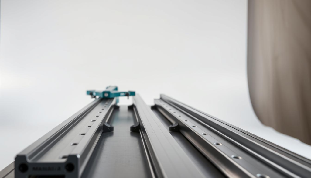 A meticulously crafted image of Makita track saw guide rails, showcased against a clean, well-lit studio backdrop. The rails are presented in the foreground, their sleek aluminum surfaces gleaming under soft, directional lighting. The mid-ground features the rails' modular components, such as the locking mechanisms and adjustment knobs, captured in sharp detail. In the background, a minimalist environment allows the guide rails to take center stage, emphasizing their precision engineering and professional-grade construction. The overall composition conveys a sense of quality, functionality, and the versatility of these essential woodworking tools.