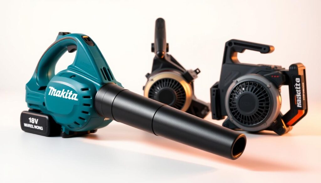 A meticulously crafted image showcasing the Makita 18V Blower in a side-by-side comparison against its competitors. The foreground features the Makita blower, its sleek and ergonomic design highlighted by warm, directional lighting that casts subtle shadows. In the middle ground, two other prominent blowers are positioned, allowing for a clear visual comparison of size, form factor, and key features. The background is a minimalist, clean setting, allowing the products to take center stage. The overall mood is one of professional evaluation, with a focus on the technical specifications and performance capabilities of each blower. The image conveys a sense of authority and expertise, perfectly suited to illustrate the "Comparison with Other Blowers" section of the article.