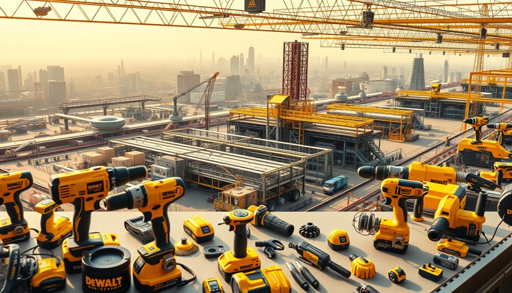 A meticulously crafted industrial landscape featuring the iconic DEWALT tools manufacturing plant. In the foreground, an array of power tools and accessories are displayed with precision, their sleek designs and vibrant yellow accents capturing the brand's commitment to innovation. The middle ground showcases the state-of-the-art production facility, its modern architecture and intricate machinery working in harmony to create the world-renowned DEWALT products. In the background, a hazy cityscape of skyscrapers and bustling activity suggests the global reach and influence of this renowned power tool manufacturer. The scene is bathed in a warm, golden light, conveying a sense of technological prowess and industry excellence.