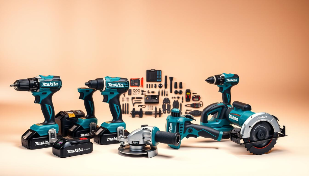 A meticulously crafted lineup of Makita's XGT power tools, showcased against a clean, well-lit studio backdrop. The foreground features the core tools - a cordless drill, impact driver, angle grinder, and circular saw - arranged in a symmetrical, visually striking formation, their sleek, modern designs and Makita's signature teal accents immediately drawing the eye. In the middle ground, complementary XGT accessories and attachments are displayed, highlighting the system's versatility. The background maintains a minimalist, almost clinical aesthetic, allowing the tools to take center stage and emphasizing their high-quality construction and advanced engineering. Warm, directional lighting accentuates the tools' contours, casting subtle shadows that add depth and dimensionality to the scene.