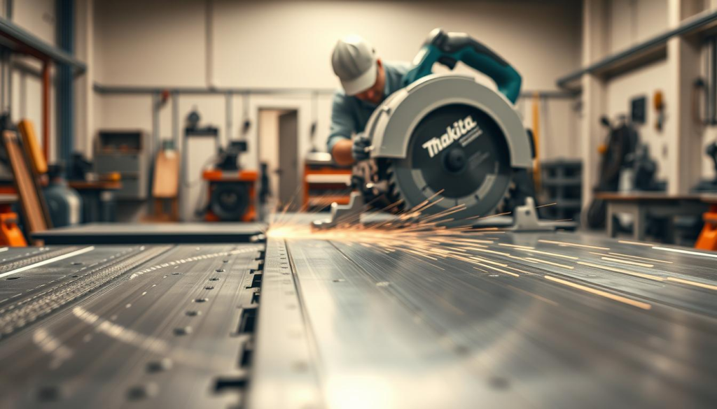 A meticulously crafted scene depicting the precise cutting capabilities of Makita metal cutting saws. In the foreground, razor-sharp blades effortlessly slicing through gleaming metal sheets, producing clean, uniform cuts. The middle ground showcases the impressive power and control of the Makita saw, handled by a skilled operator in a well-lit workshop setting. The background features a clean, industrial environment with subtle hints of machinery and tools, emphasizing the professional-grade performance of these saws. The lighting is balanced, casting warm tones that highlight the precision and quality of the Makita brand. The overall atmosphere conveys a sense of expertise, reliability, and the satisfaction of a job well done.