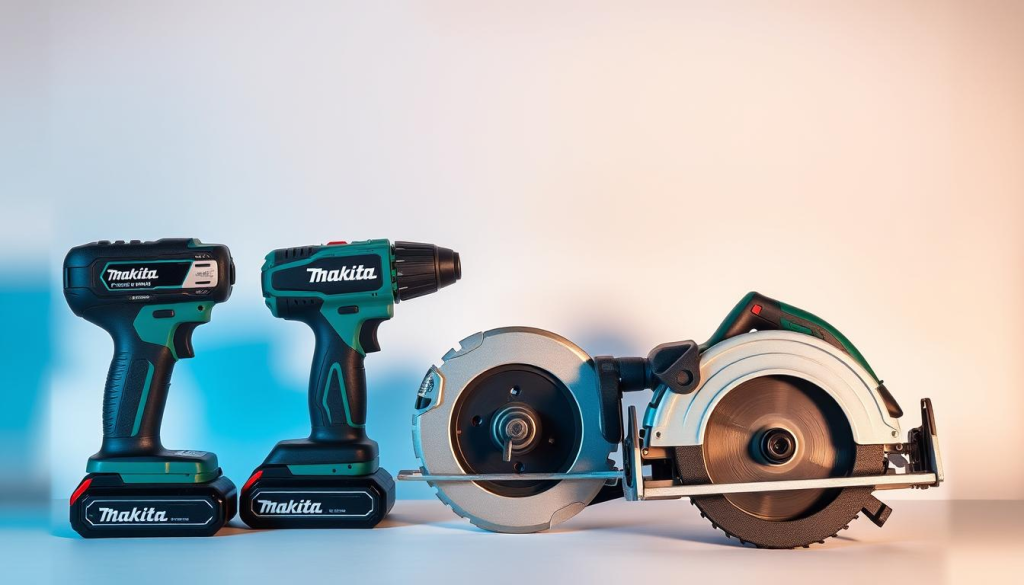 A meticulously crafted still life composition showcasing a selection of Makita power tools against a clean, minimalist backdrop. The tools - a cordless drill, angle grinder, and circular saw - are arranged in a symmetrical, visually appealing layout, allowing their robust build quality and precise engineering to take center stage. Warm, directional lighting casts subtle shadows, emphasizing the tools' tactile textures and ergonomic design. The overall mood is one of professional competence and attention to detail, reflecting the high performance and trusted reputation of the Makita brand.