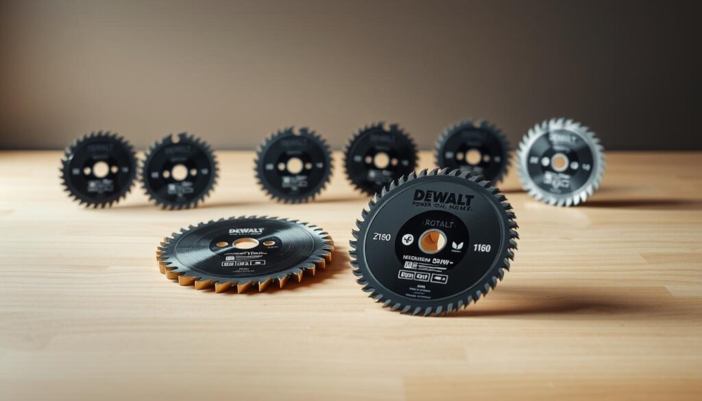 A meticulously crafted still life featuring an array of DEWALT Z160 power tool blades, captured under soft, diffused lighting to accentuate their sleek, industrial design. The blades are strategically arranged on a minimalist, wooden surface, showcasing their sharp, precision-engineered teeth and sturdy construction. The mid-ground offers a close-up view of the blades' intricate patterns and textures, while the background maintains a subtle, neutral tone to draw the viewer's focus to the star of the scene. The overall mood is one of professional quality, technical expertise, and the promise of a high-performance cutting experience.
