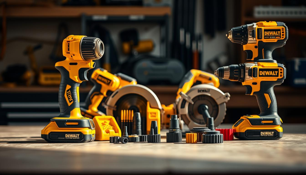A meticulously crafted still life of DEWALT's iconic yellow power tools, bathed in warm, natural lighting. In the foreground, a cordless drill, circular saw, and impact driver stand proudly, their sleek, angular forms casting dramatic shadows. In the middle ground, an assortment of accessories and attachments are neatly arranged, their yellow casings glistening. The background features a subtle, out-of-focus workbench, hinting at the tools' rugged utility. The overall composition conveys a sense of quality, durability, and the brand's unwavering commitment to professional-grade performance.