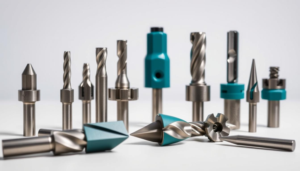 A meticulously crafted still life of a selection of Makita router bits, artfully arranged on a clean, neutral surface. The bits are shown in crisp focus, their precision-engineered edges and grooves catching the soft, diffused lighting from an overhead source. The composition showcases the diverse range of bit types, from straight and rabbeting to dovetail and flush trim, each one a testament to Makita's commitment to quality and versatility. The image exudes a sense of technical proficiency and attention to detail, perfectly capturing the essence of the accessories and attachments that complement the Makita router.