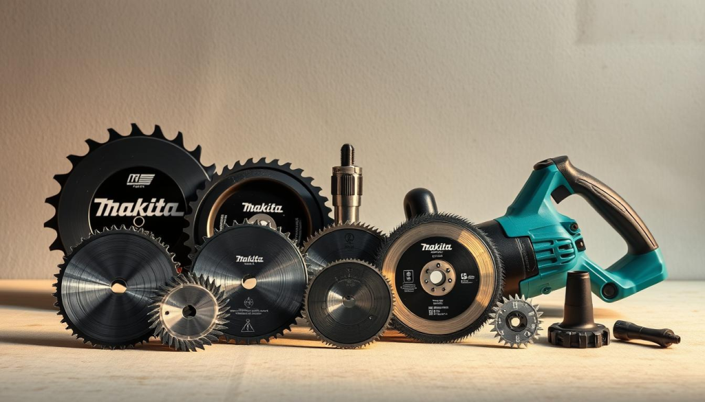 A meticulously crafted still life of high-quality Makita Sawzall accessories, elegantly arranged against a clean, minimalist backdrop. In the foreground, a selection of saw blades, including fine-toothed options for delicate cuts and coarse-toothed blades for aggressive demolition work. In the middle ground, various attachments and adapters, showcasing the Sawzall's versatility - a metal cutting blade, a plunge cutting foot, and a dust extraction nozzle. The background is a subtly textured, neutral-toned surface, allowing the tools to take center stage. Warm, directional lighting casts gentle shadows, highlighting the sleek, industrial design of the Makita brand. The overall composition conveys a sense of precision, power, and the comprehensive accessory ecosystem that elevates the Sawzall's functionality.