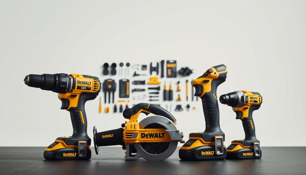 A meticulously crafted still life of the iconic DeWalt power tool brand, showcased against a clean, minimalist backdrop. In the foreground, a collection of their signature yellow and black power tools - a drill, circular saw, and impact wrench - are artfully arranged, their sleek, robust designs and premium materials on full display. The middle ground features a neatly organized collection of DeWalt accessories and attachments, hinting at the brand's comprehensive ecosystem. The background is a soft, diffused light, creating a sense of balance and professionalism, reflecting DeWalt's reputation for dependability and quality. The overall composition is both visually striking and true to the brand's identity, perfectly suited to illustrate the introduction to this renowned power tool manufacturer.