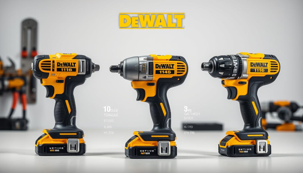 A meticulously crafted still life scene depicting three DeWalt impact drivers against a clean, bright background. The drivers are positioned in the foreground, showcasing their sleek, powerful design with distinct branding and textured grips. The mid-ground features a dynamic arrangement of technical specifications and performance metrics, such as torque, speed, and weight, presented in a clear, legible manner. The background subtly suggests a professional workshop environment, with hints of tools and machinery in soft focus. The overall composition and lighting create a sense of authority and technical expertise, inviting the viewer to closely examine and compare the key features of these top-of-the-line power tools.