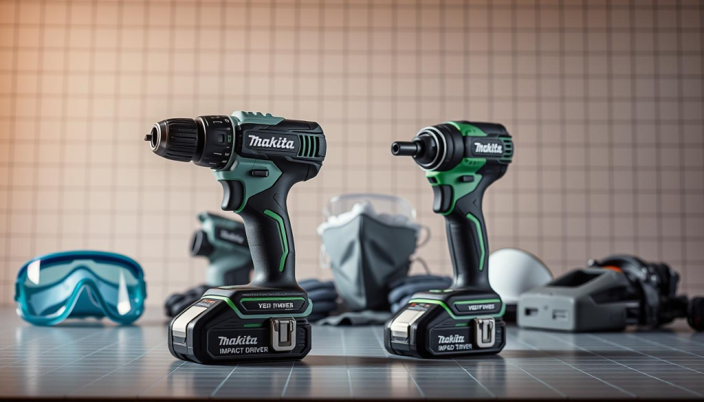 A meticulously crafted still life scene showcasing the safety precautions for Makita 40V power tools. In the foreground, a Makita 40V drill and impact driver are prominently displayed, their sleek designs and vibrant green accents drawing the eye. The middle ground features safety gear such as protective goggles, gloves, and a face mask, neatly arranged alongside the tools. The background is a clean, minimalist workspace with a subtle grid pattern, evoking a sense of order and professionalism. The lighting is soft and diffused, creating a warm, inviting atmosphere that highlights the high-quality craftsmanship of the Makita tools. The overall composition conveys a message of safety, precision, and the importance of responsible tool usage.
