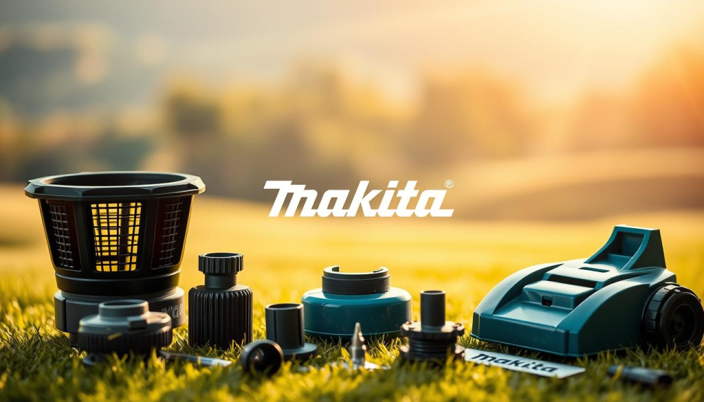 A meticulously crafted still life showcasing an assortment of Makita lawn mower accessories. In the foreground, a selection of high-quality attachments and tools, including a grass catcher, mulching plug, and blade sharpener, arranged with precise attention to detail. In the middle ground, the Makita logo prominently displayed, conveying the brand's commitment to excellence. The background features a soft, blurred natural landscape, suggesting the outdoor setting where these accessories would be utilized. Warm, golden lighting casts a subtle glow, evoking a sense of quality craftsmanship and a premium mowing experience. Shot with a shallow depth of field, drawing the viewer's focus to the carefully curated collection of Makita accessories.