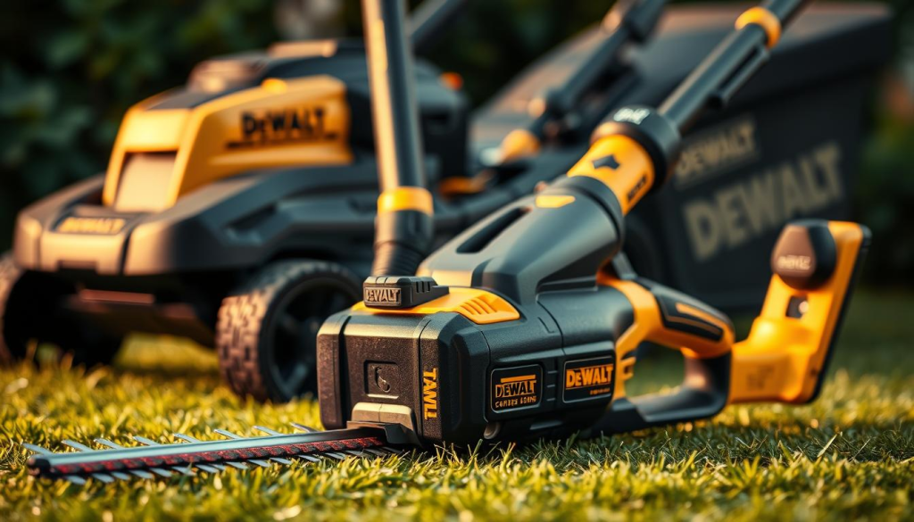 A meticulously curated still life of DEWALT gardening equipment, showcasing their sleek and powerful tools. In the foreground, a DEWALT cordless hedge trimmer rests, its sharp blades gleaming under warm, directional lighting. In the middle ground, a DEWALT leaf blower stands upright, its compact and ergonomic design evident. The background features a DEWALT lawn mower, its sturdy build and precision-engineered components hinting at its exceptional performance. The overall scene exudes a sense of professional-grade quality, efficiency, and attention to detail that perfectly embodies the DEWALT brand ethos.
