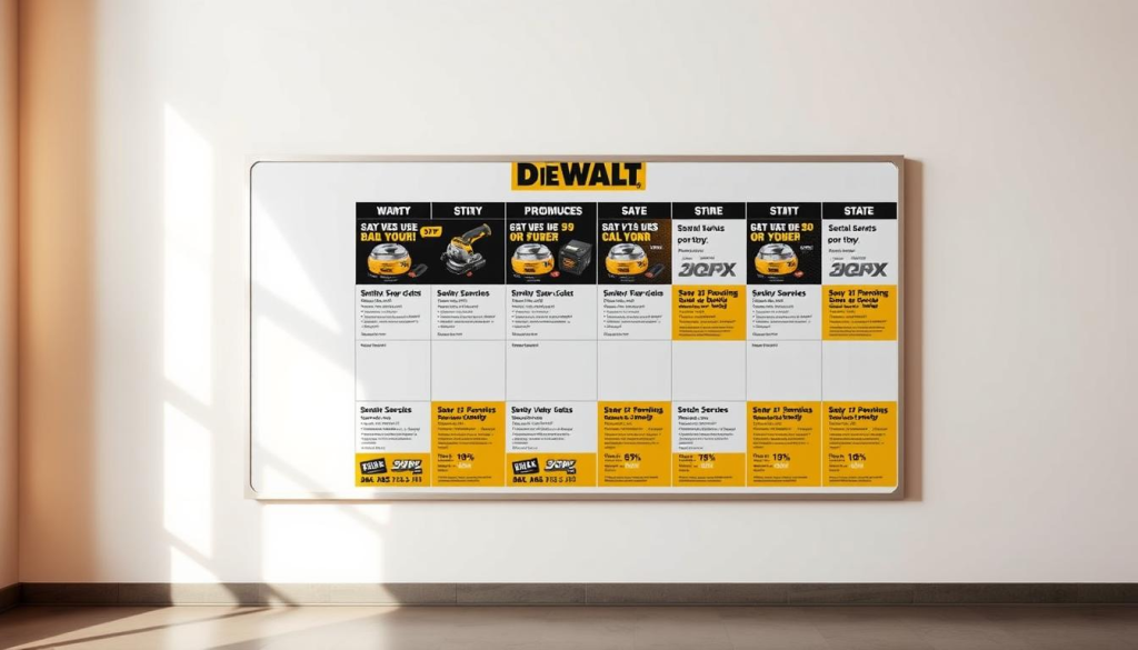 A meticulously designed schedule board showcasing DEWALT's upcoming promotions, set against a clean, minimalist backdrop. The board features a grid-like arrangement of event details, each card presenting a vibrant, eye-catching design with product images, sale dates, and percentage discounts. Warm, directional lighting emanates from the upper left, casting subtle shadows and highlights to accentuate the sleek, professional aesthetic. The layout is carefully balanced, with ample white space to allow the key information to stand out clearly. An overall sense of organization, attention to detail, and brand cohesion permeates the scene, reflecting DEWALT's commitment to delivering exceptional value to their customers.