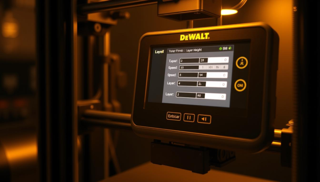A meticulously detailed 3D rendering of DEWALT's optimal filament printing settings, showcasing a well-lit, close-up view of a 3D printer's control panel. The panel displays a variety of settings, including temperature, speed, and layer height, all presented in a clean, minimalist interface with the iconic DEWALT yellow accents. The printer itself is visible in the background, its sturdy frame and precision components hinting at the high-quality output it is capable of producing. The lighting is warm and directional, creating depth and highlighting the technical details of the settings. The overall atmosphere conveys a sense of professionalism and expertise, fitting the "Tips for Getting the Best Results" section of the article.