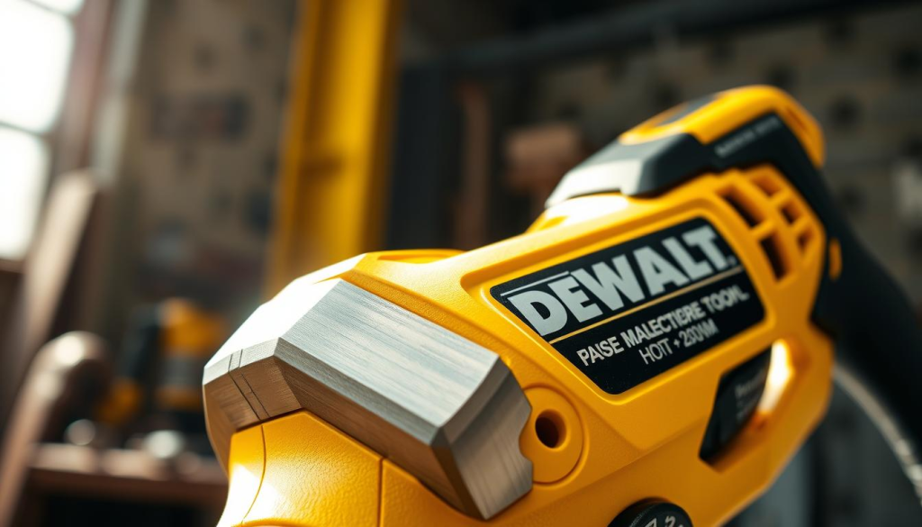 A meticulously detailed closeup of a DeWalt power tool in the iconic bright yellow color, captured under natural sunlight with soft, diffused lighting. The tool's sleek, angular design is showcased, with the brushed metallic accents and subtle textures accentuating the premium quality. The foreground is in sharp focus, while the blurred background suggests an industrial workshop setting, hinting at the tool's intended use. The overall composition emphasizes the customizable nature of DeWalt gear, inviting the viewer to envision personalizing their own tools in this vibrant, eye-catching hue.
